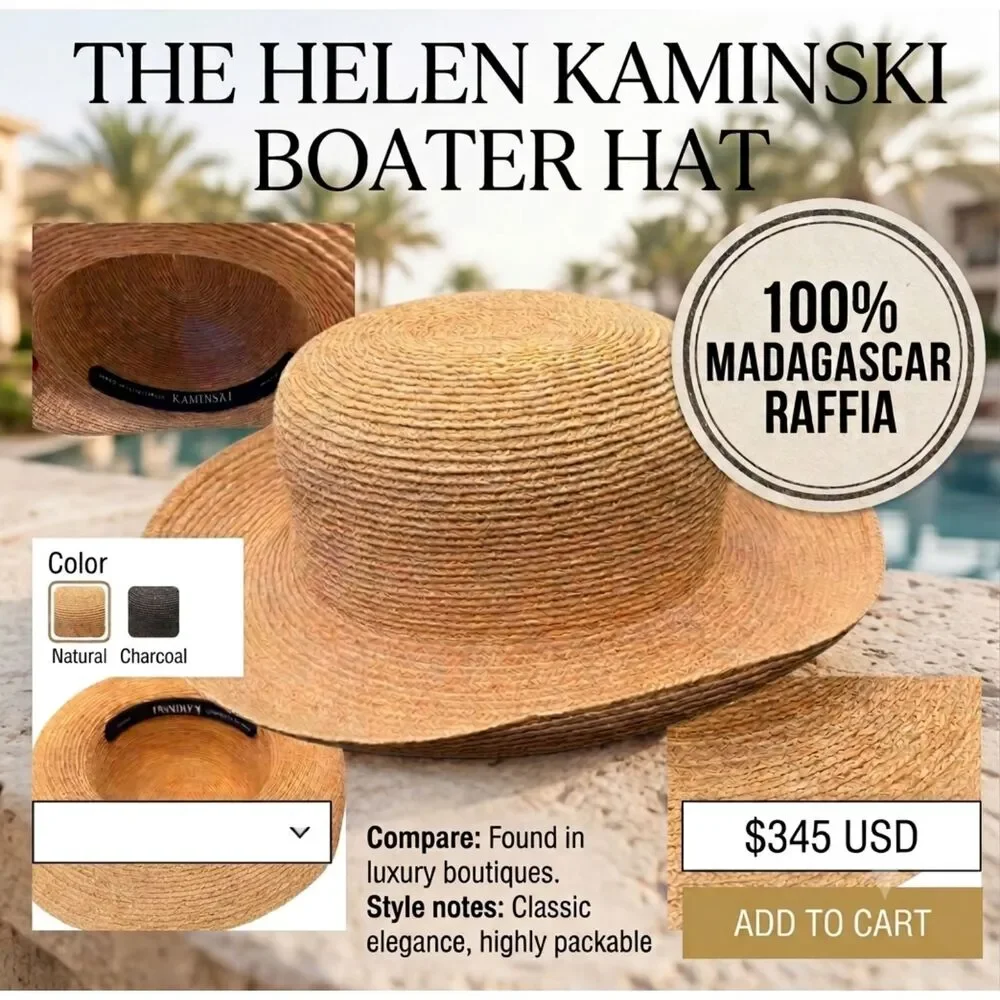 Helen Kaminski Boater Hat Natural 100% Madagascar Raffia NWOT